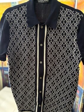 PJ Paul Jones Navy and White Geometric Knit Polo - Size M